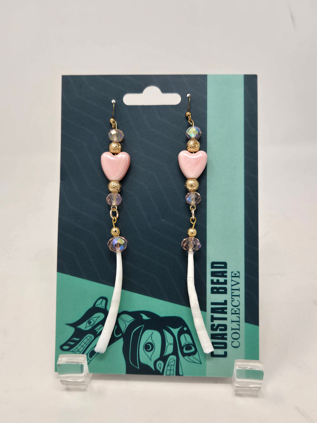 Ceramic heart/dentalium drops by Brandi Lancaster