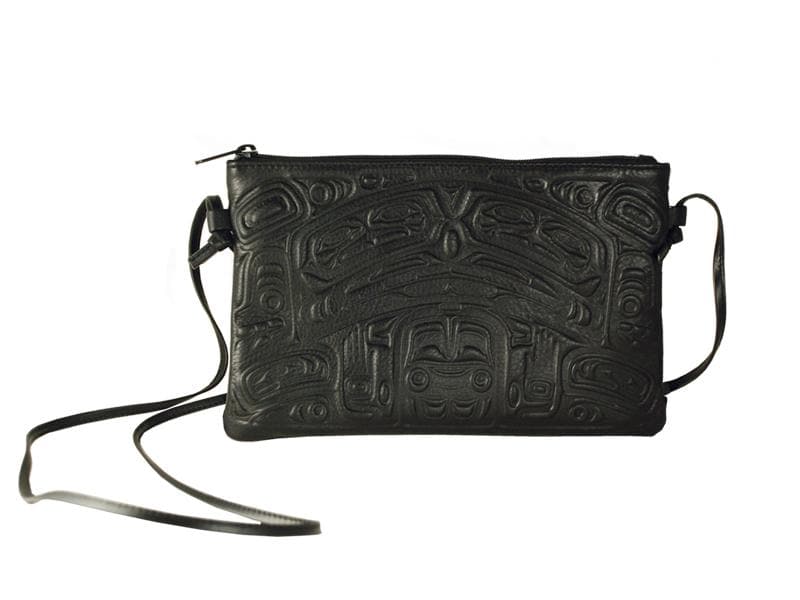 Embossed Leather Crossbody Bag Bear Box Design (Black Leather)